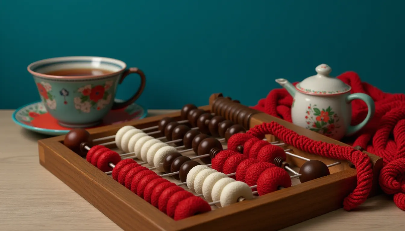 A polished wooden abacus lying flat on a desk with its beads pushed into an uneven pattern along the rods.