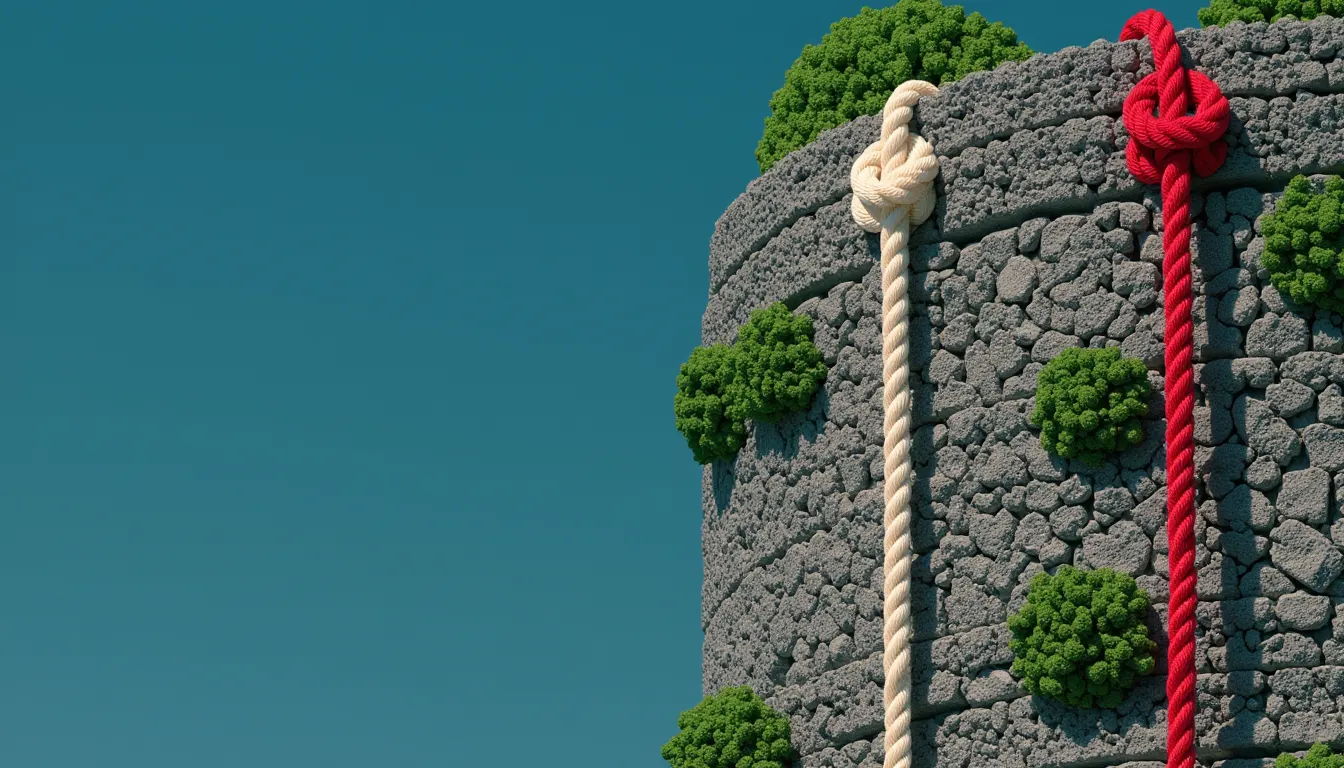 A single thick climbing rope hanging down a high stone wall, knotted at even intervals along its whole length.