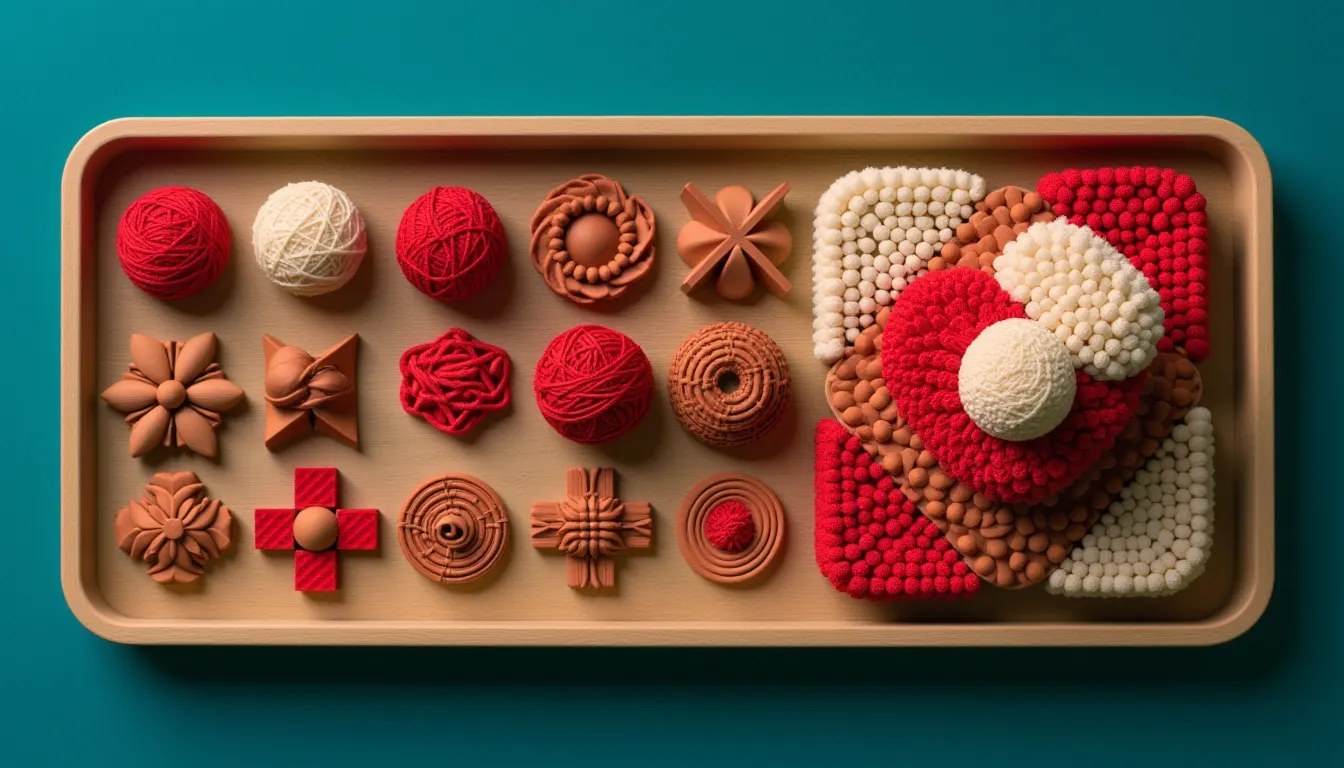 A shallow wooden tray holding a dozen separate wooden joinery pieces laid out in neat rows beside one finished interlocked block assembled from the same shapes.