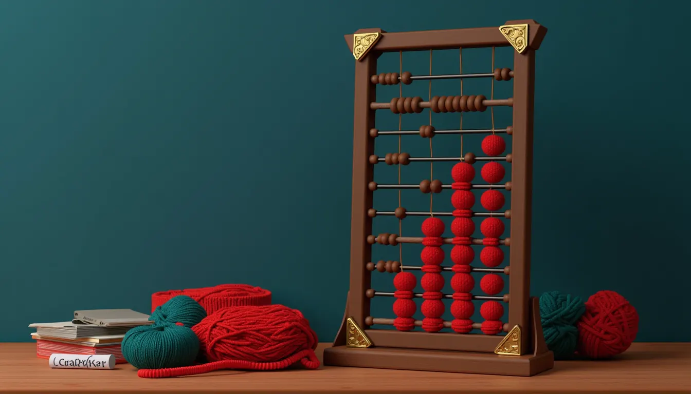 A wooden abacus standing upright on a scholar's desk.