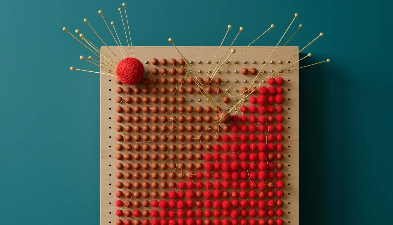 A wooden pegboard standing upright with rows of round pegs joined by taut cords that fan upward from a wide row at the base to a single peg at the top.