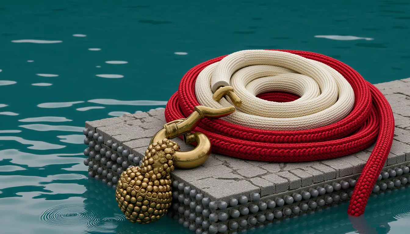 A coiled rescue rope with a heavy brass hook lying on a stone quay beside still water.