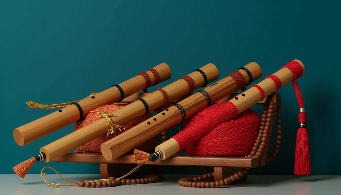 Four bamboo flutes of four different lengths resting side by side across a low wooden stand.