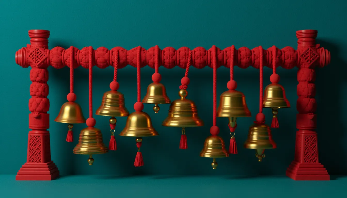 A row of eight small brass bells of graduated size hanging from a wooden rack.