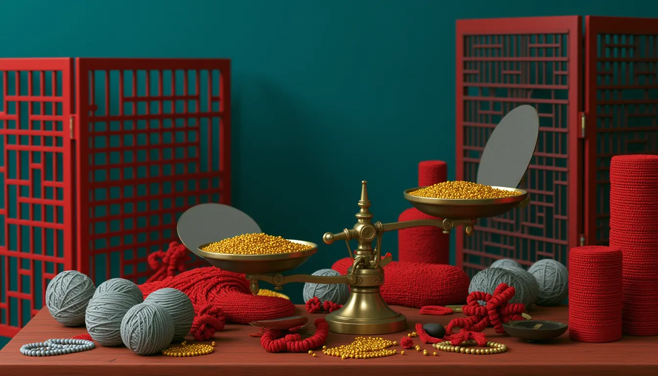 A brass balance scale with two shallow round pans hanging from its beam, standing on a worn wooden counter.