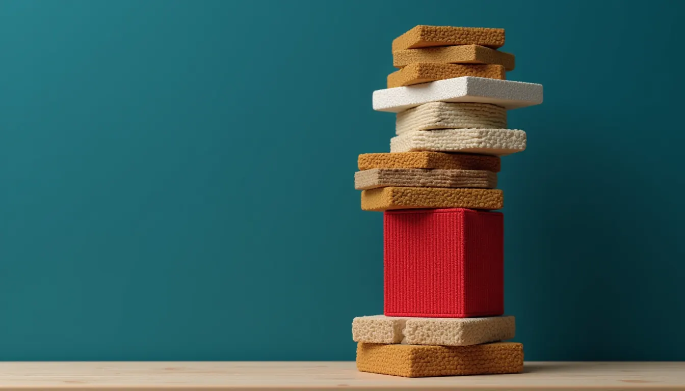 A tall stack of interlocking wooden joinery blocks fitted together into one standing column.