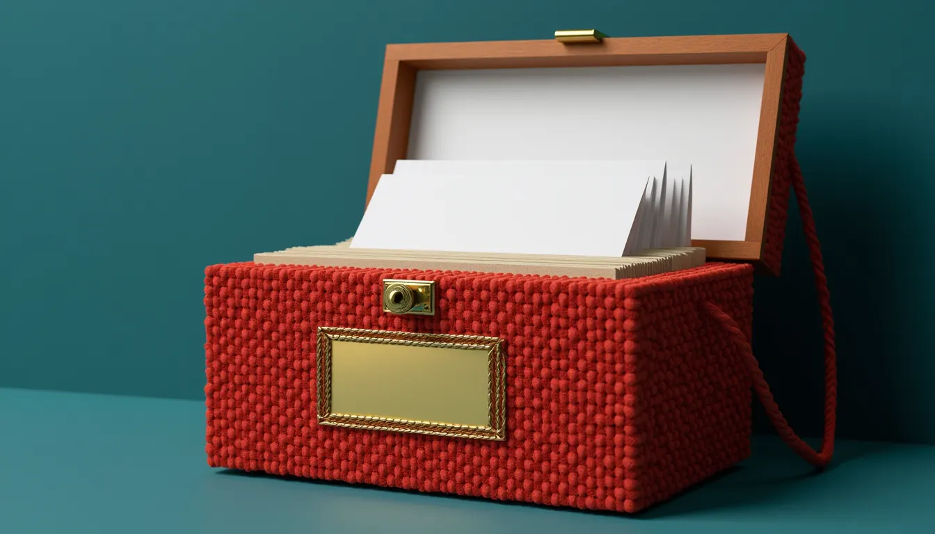 A wooden card index box with its lid open and a long row of blank cards standing upright inside it.