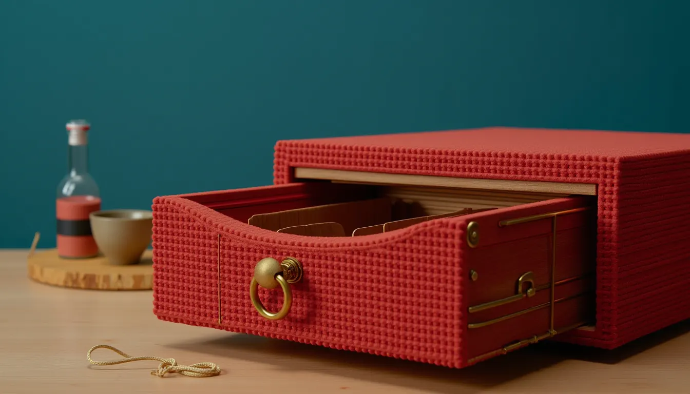 An empty wooden card index drawer standing open and level on a table, its dividers in place and no cards in it.