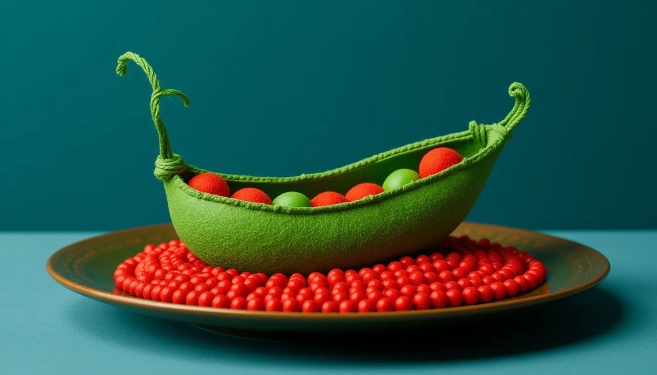 A plump green pea pod split open to show a row of round peas, resting on a lacquered tray of vermillion beads.