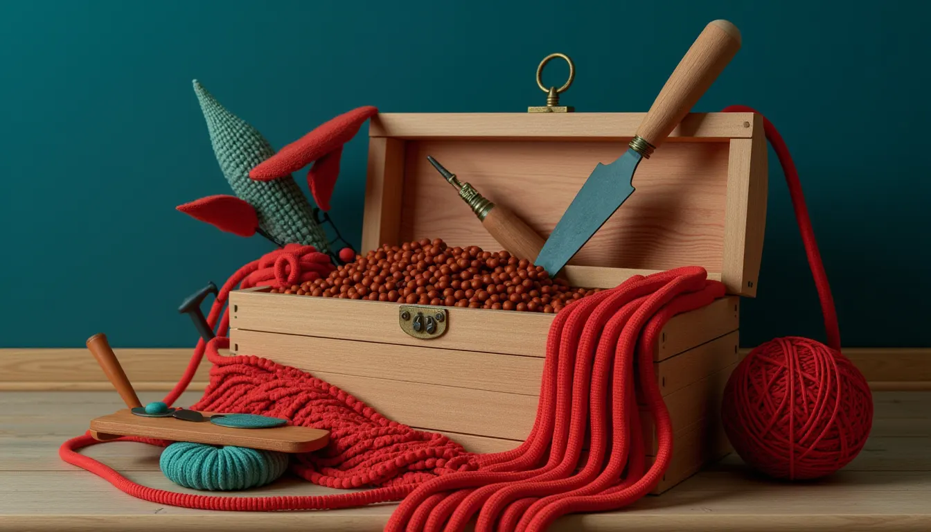 An open wooden toolbox holding a mallet, a chisel and a plane of warm brown beads, a vermillion cord looped round its handle.