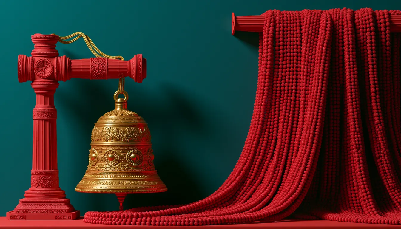 A large bronze bell of gold beads hung from a carved wooden frame with a striking beam beside it, a flat deep teal wall.