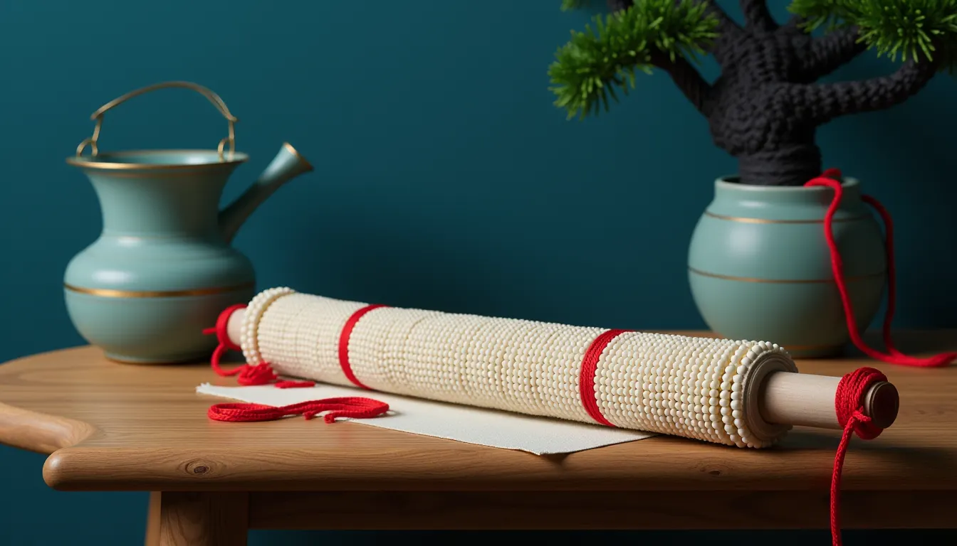 A long paper handscroll rolled shut and tied with a silk band, lying on a low wooden table beside a celadon brush washer.