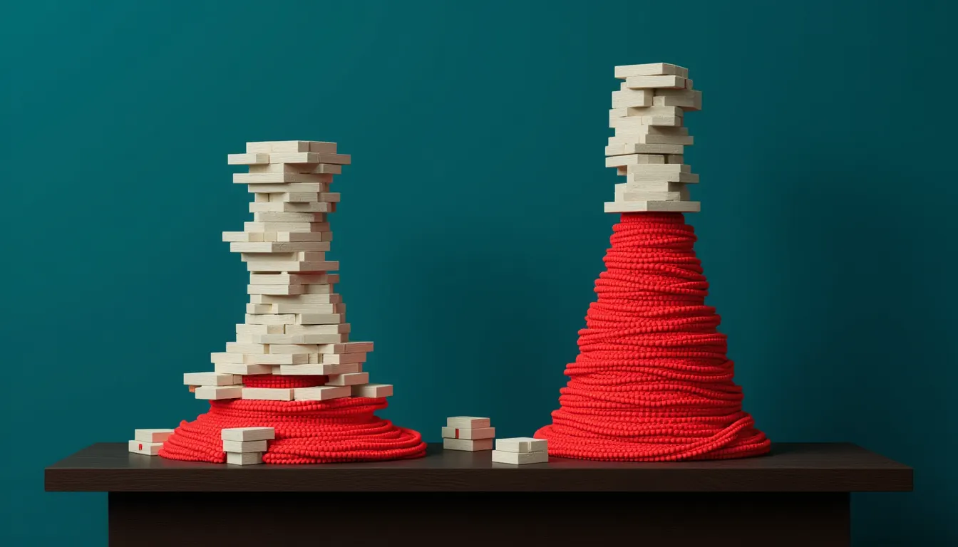 A tall stack of small identical wooden blocks balanced into a slender tower beside a broad low pyramid built from the same blocks.