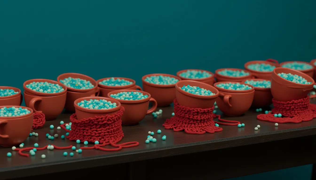 A long row of identical small clay cups lined up across a table, every one filled to the same shallow level.