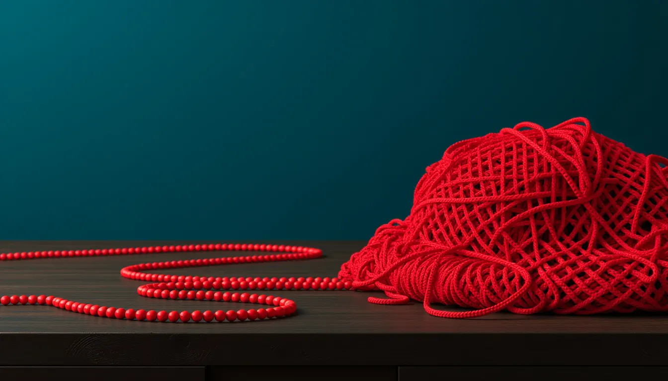 A long single strand of beads lying in a loose line across a dark wooden table beside a knotted net woven from the same beads.
