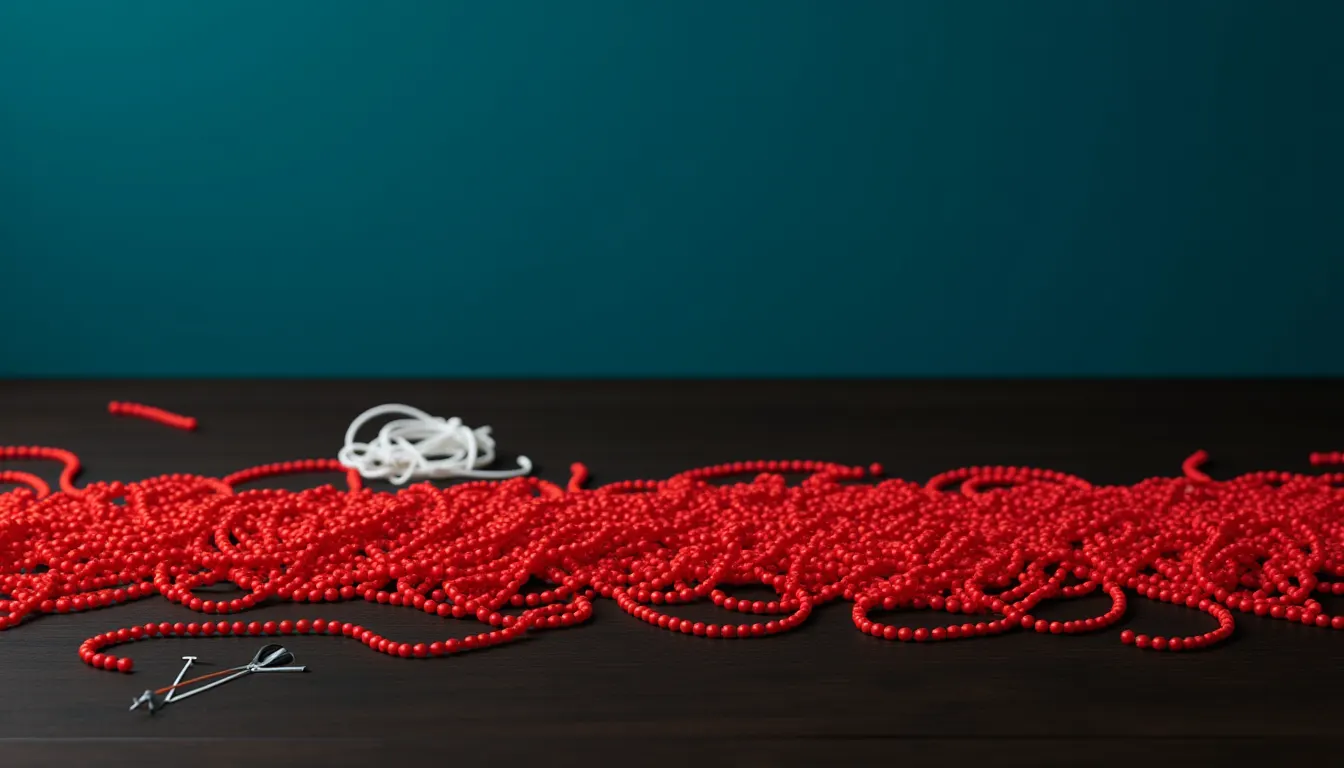 A long line of loose vermillion beads laid out end to end across a dark wooden table, unstrung.