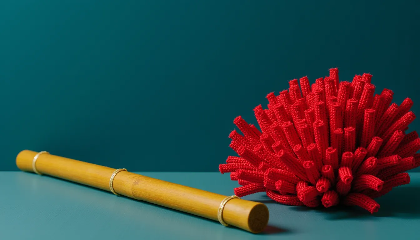 A single straight bamboo pole laid on a table beside a branching coral of the same material.