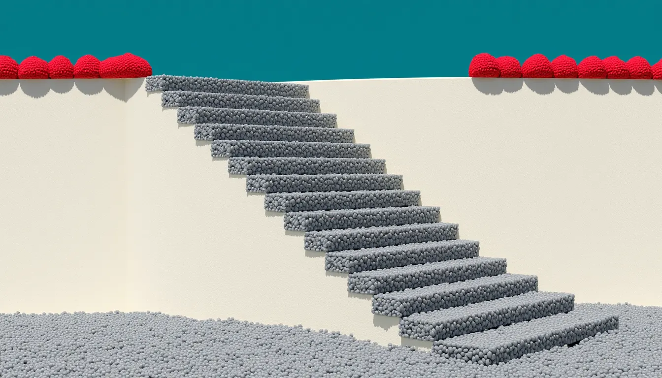 A flight of stone steps rising against a whitewashed wall and ending in mid-air two thirds of the way up.