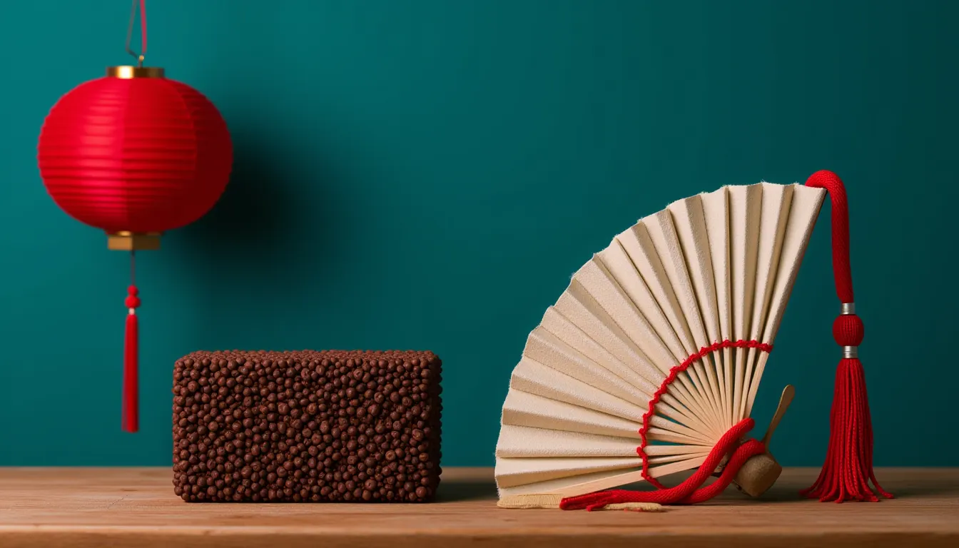 A plain rectangular hardwood block and a folded paper fan lying side by side on a bare wooden table under a hanging red lantern.