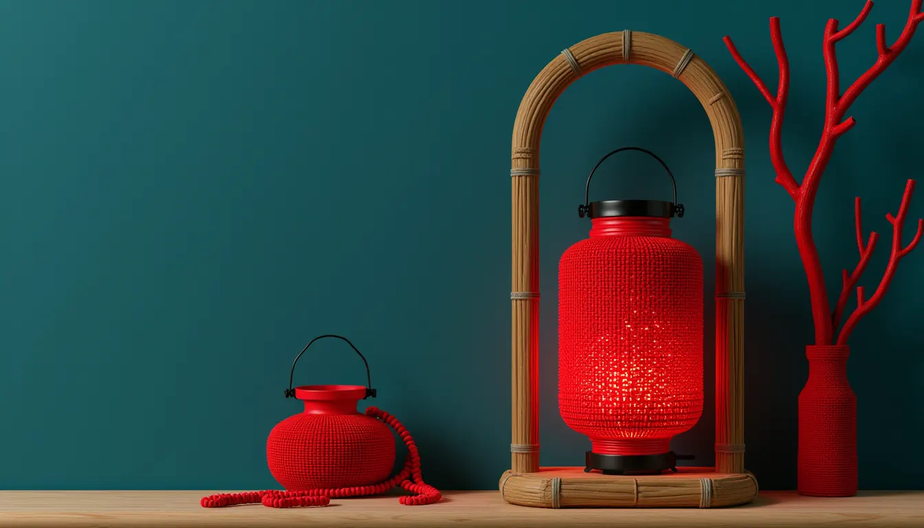 A tall bamboo lantern frame beside a small stand of branching bamboo canes, the lantern of vermillion beads glowing.