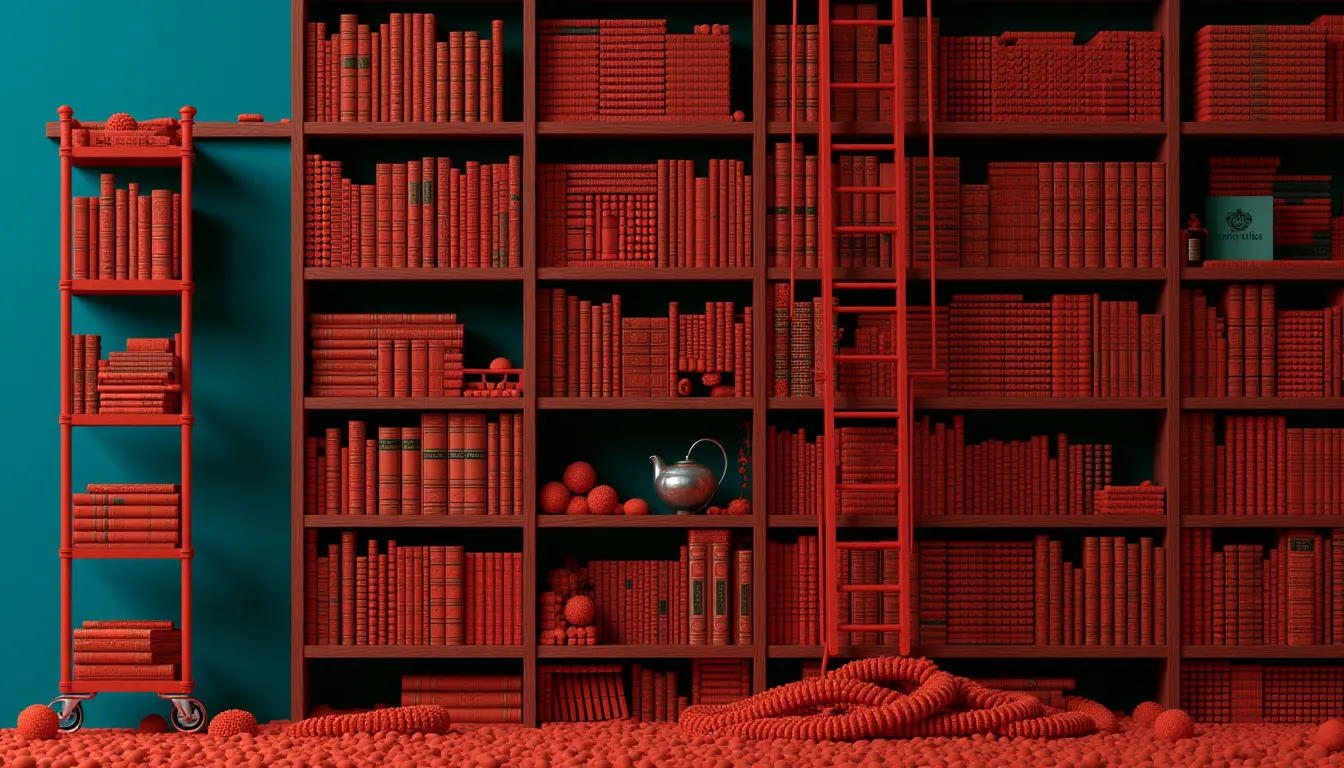 A tall wooden bookcase with a rolling ladder and rows of blank-spined volumes, the shelves of warm brown beads.