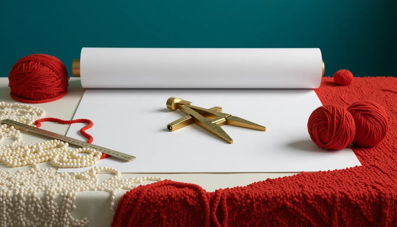 A drafting table with a rolled blank sheet, a set of brass compasses and a ruler of pale beads laid across it.