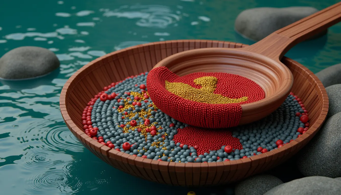 A shallow wooden panning dish tilted on a bed of river stones with a scatter of bright gold flecks caught in its ridges.