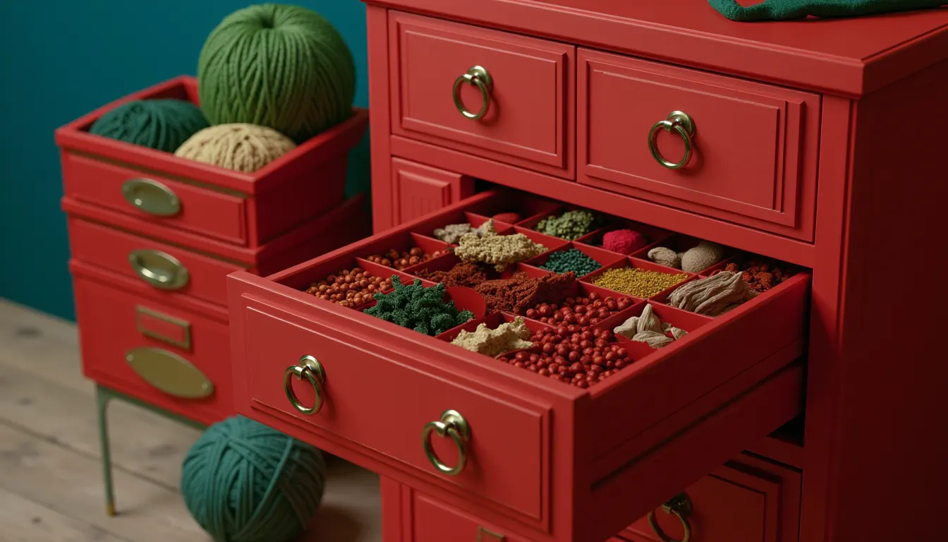 An apothecary drawer pulled fully out of its cabinet and set on a table.