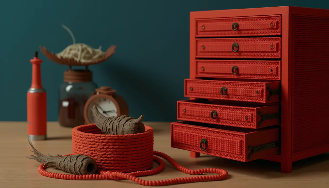 A single small apothecary drawer pulled out and set on a table with one dried root lying in it.