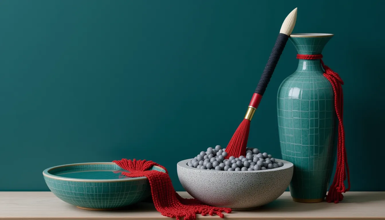 A calligraphy brush standing upright in a tall celadon brush pot beside a stone water basin.