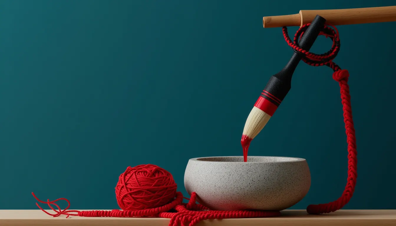 A single calligraphy brush suspended from a wooden brush hanger with its tip washed clean and pointed.