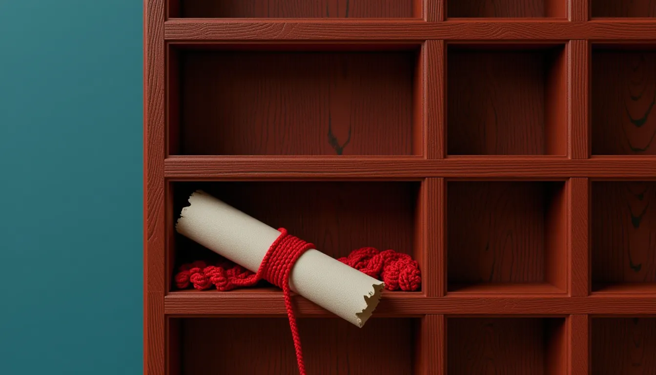 A tall wooden pigeonhole cabinet of many empty square compartments seen face on.