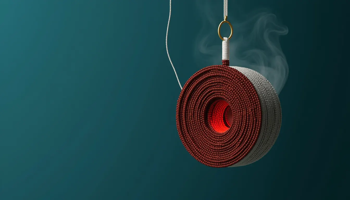 A large hanging spiral incense coil suspended from a brass hook.