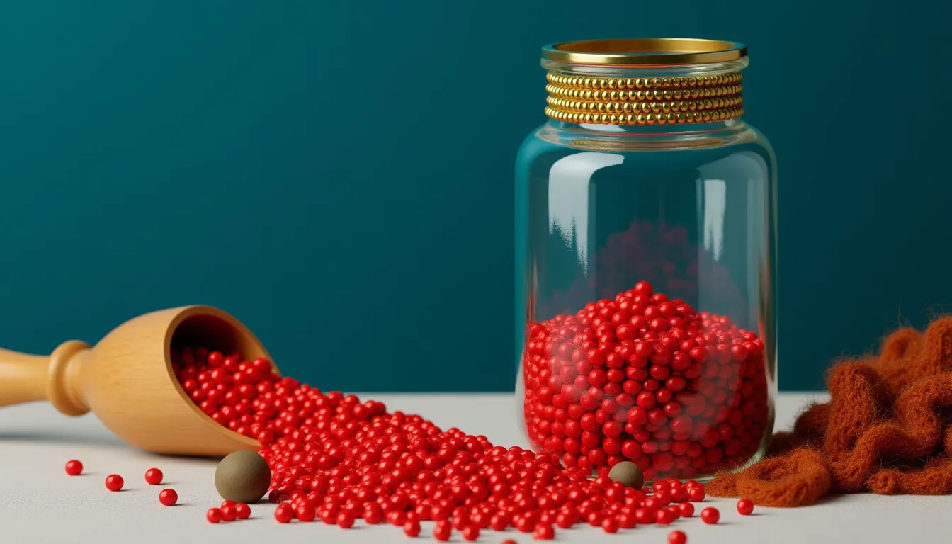 A tall glass jar holding a small heap of vermillion beads at its bottom while a great spill of the same beads lies across the table around it.