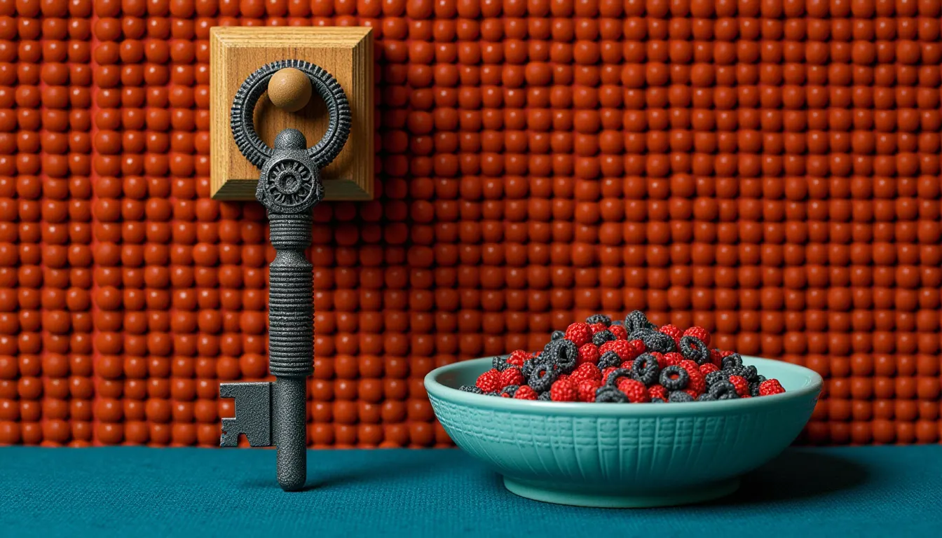 One large iron key hanging alone on a wooden peg beside a shallow bowl heaped with small keys.