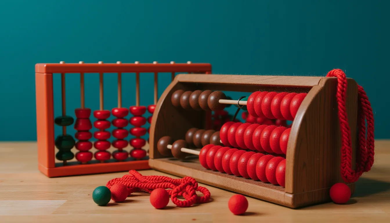 A wooden abacus lying flat on a table with most of its beads pushed hard to one side and a few standing apart.