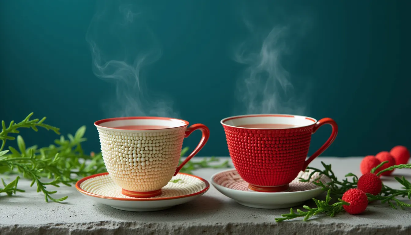 Two porcelain teacups standing close together on a stone windowsill with steam rising from both.
