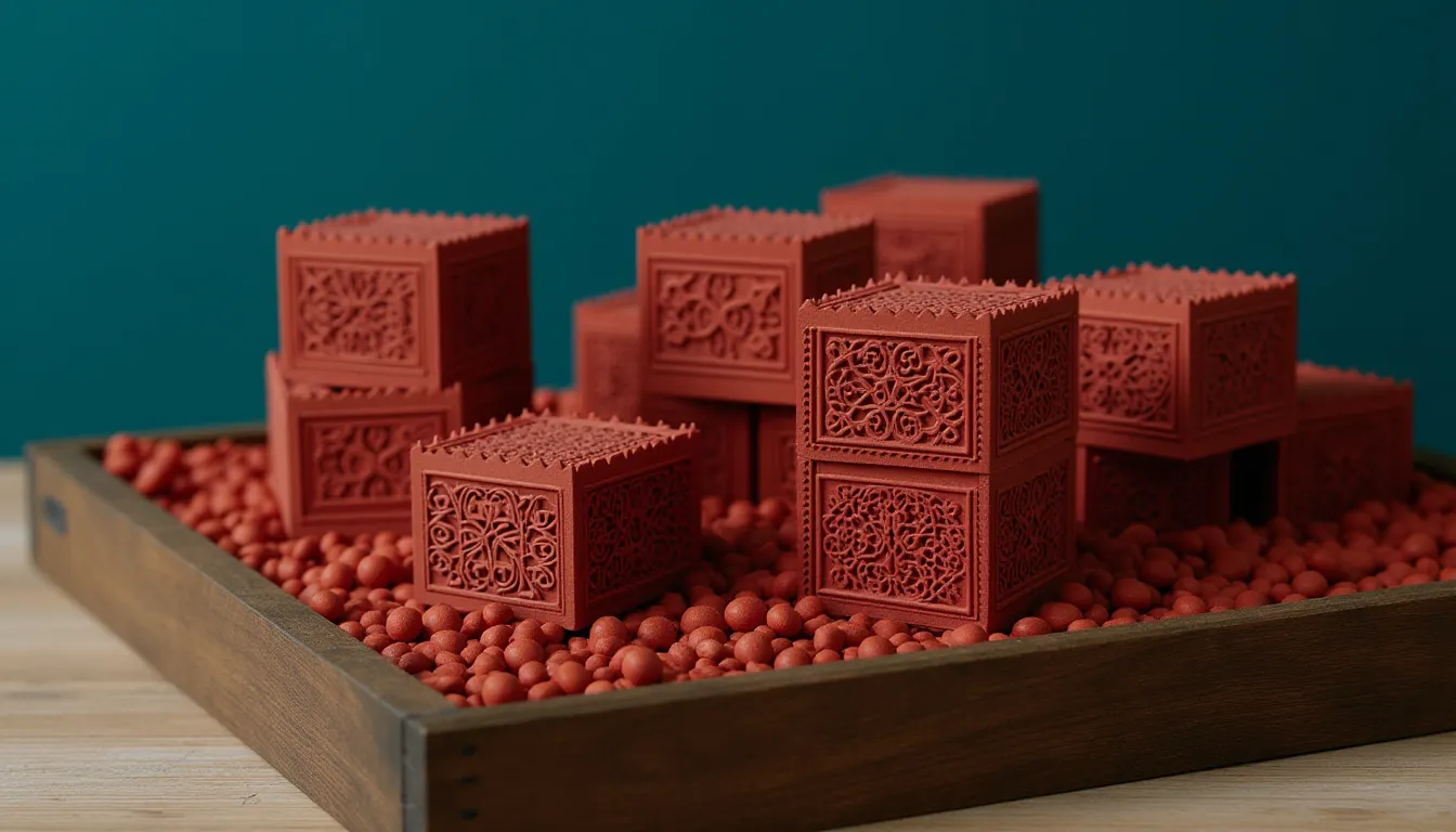 A wooden tray of small carved printing blocks stacked with every face turned down.