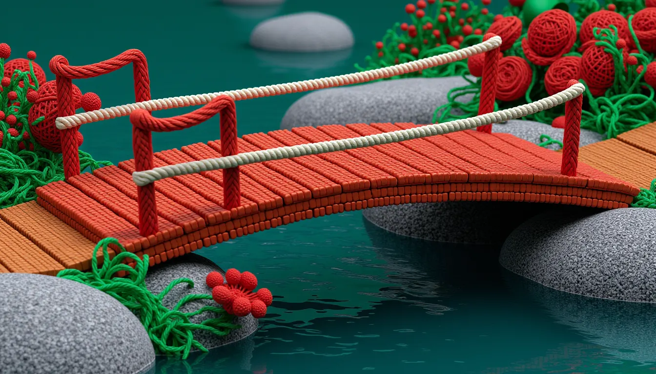 A short wooden plank bridge laid across a stream on two stone piers.