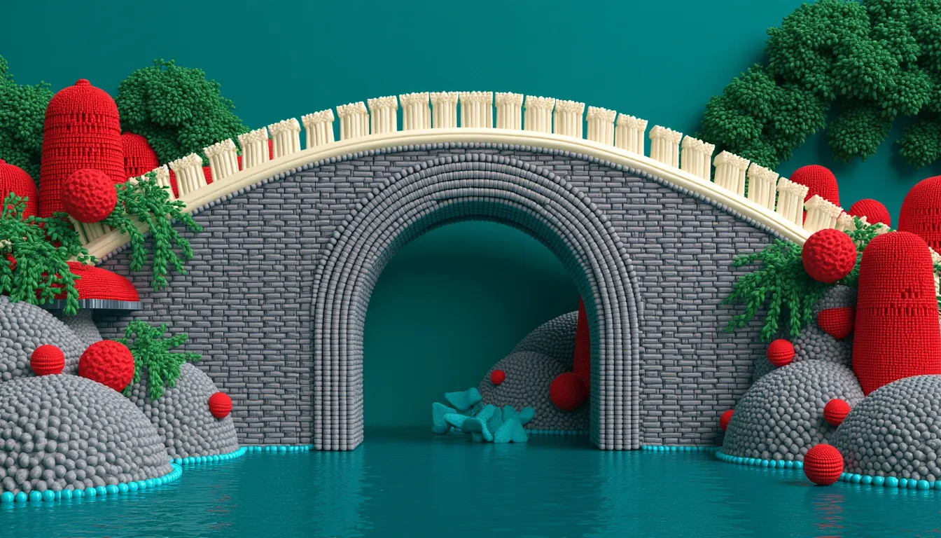 A steep arched stone bridge rising over a river in a single high curve.