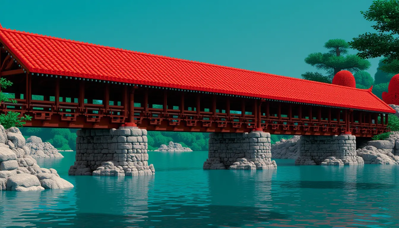A long covered bridge with an upturned tiled roof spanning a wide river.