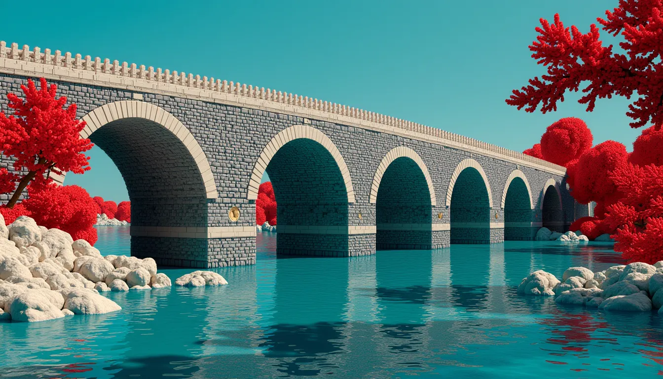 A long many-arched stone bridge crossing a broad river, seven identical arches marching away in perspective.