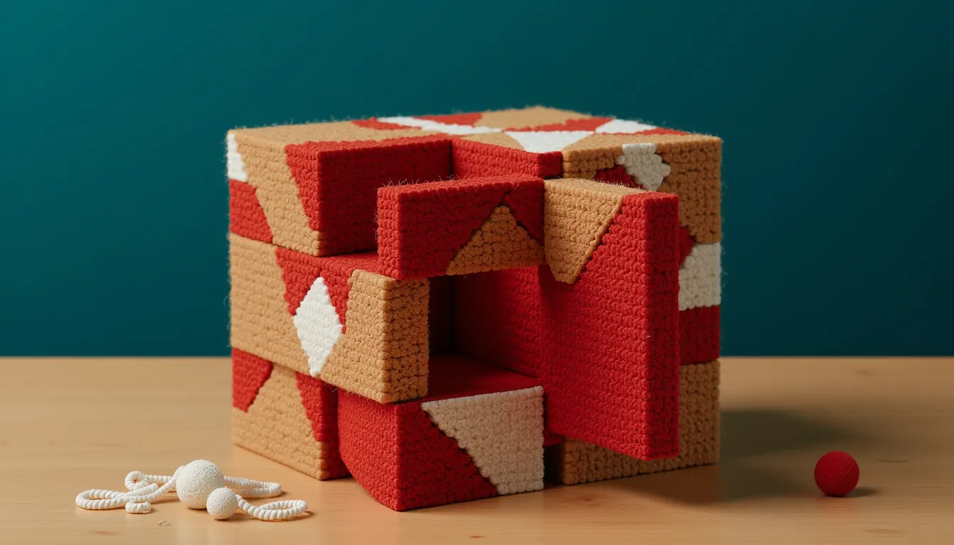 A square wooden puzzle box with interlocking sliding panels standing on a table.