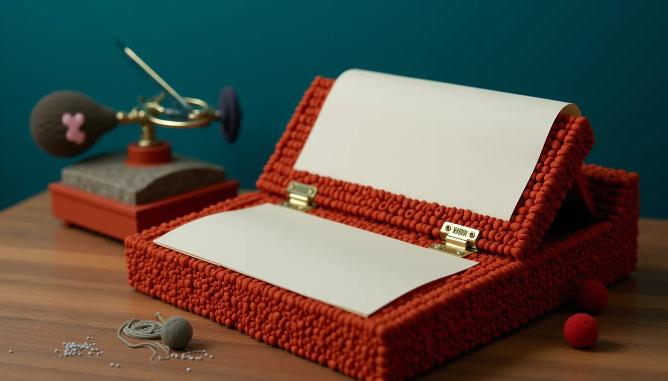A small folding wooden writing desk hinged open on a table with a single blank sheet of cream paper lying on its sloped surface and an ink brush resting in the groove above it.