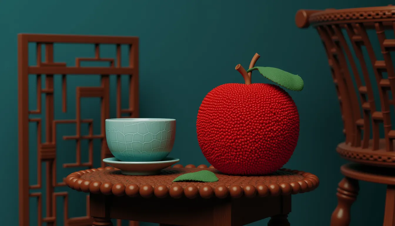A single beaded apple and a celadon teacup on a carved side table.