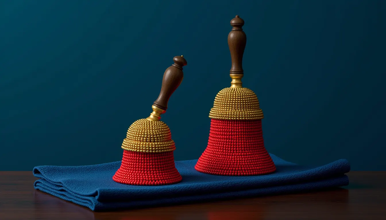 Two small brass hand bells of different sizes standing side by side on a folded indigo cloth.