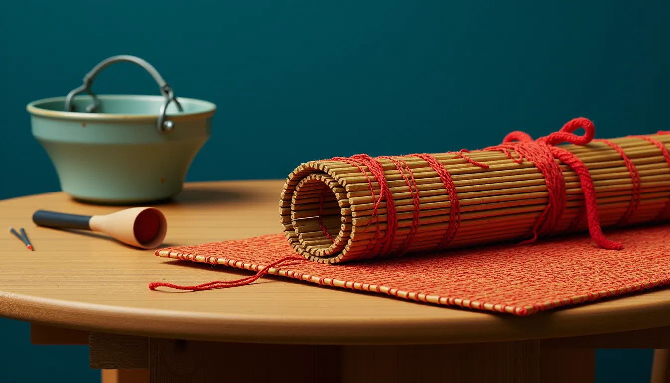 A bamboo writing mat rolled shut and tied with a vermillion cord, lying on a low table beside a celadon brush washer.