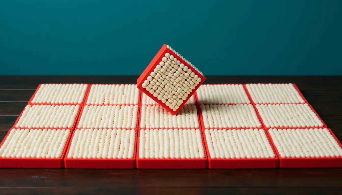 A strict grid of five by three identical blank wooden tiles laid flat and evenly spaced on a dark wooden table.
