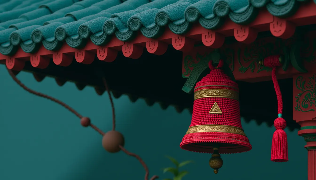 A bronze bell hanging under a tiled eave with a wooden striker on a cord beside it.