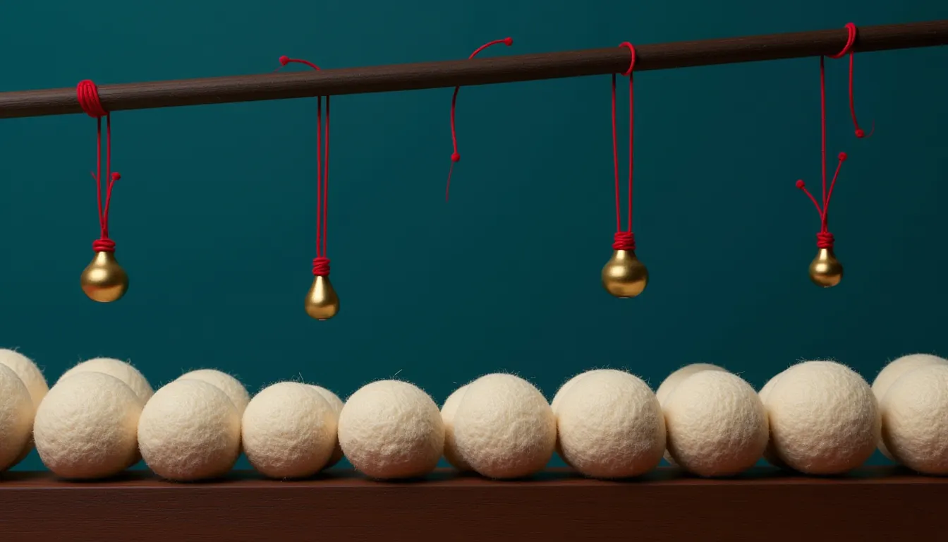 Four small brass weights hanging on fine cords at four different heights above a level row of plain cream beads on a wooden rail.